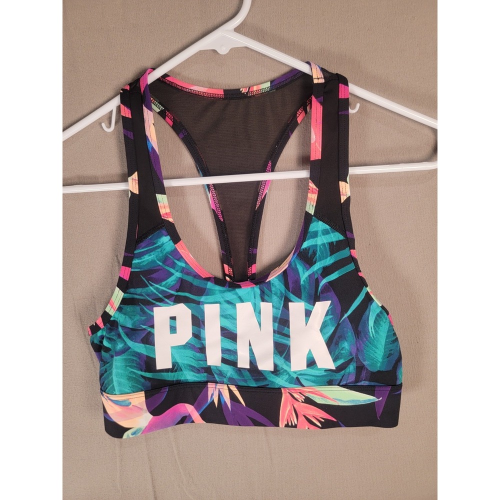 Victorias Secret PINK Sports Bra Small S Neon Tropical Palm Logo Mesh Racerback